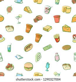 American food, Cheeses, Drinks, Snacks and Table setting set. Background for printing, design, web. Usable as icons. Seamless. Colored.