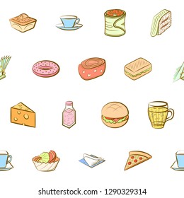 American food, Cheeses, Drinks, Snacks and Table setting set. Background for printing, design, web. Usable as icons. Seamless. Colored.