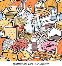 American food, Cheeses and Japanese food pattern. Background for printing, design, web. Seamless. Colored.