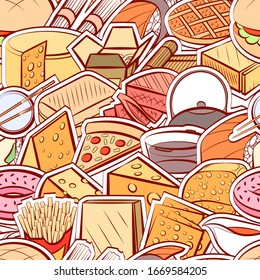 American food, Cheeses and Japanese food pattern. Background for printing, design, web. Seamless. Colored.