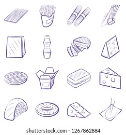 American food, Cheeses, Japanese food and Table setting set. Background for printing, design, web. Usable as icons. Color.