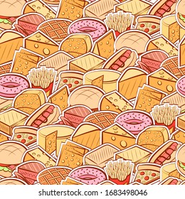 American food and Cheeses pattern. Background for printing, design, web. Seamless. Colored.
