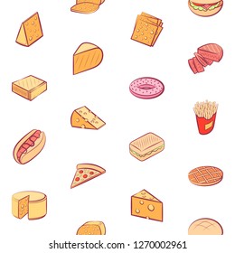 American food and Cheeses set. Background for printing, design, web. Usable as icons. Seamless. Colored.
