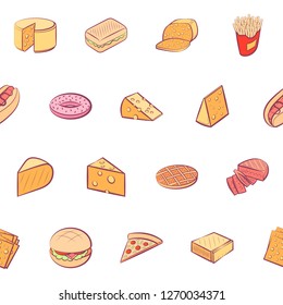 American food and Cheeses set. Background for printing, design, web. Usable as icons. Seamless. Colored.