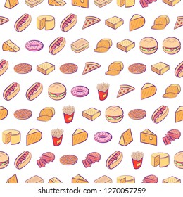 American food and Cheeses set. Background for printing, design, web. Usable as icons. Seamless. Colored.
