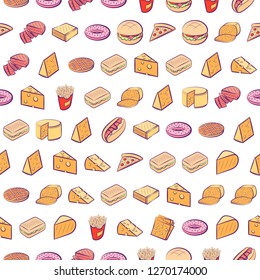 American food and Cheeses set. Background for printing, design, web. Usable as icons. Seamless. Colored.