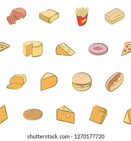 American food and Cheeses set. Background for printing, design, web. Usable as icons. Seamless. Colored.