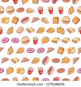 American food and Cheeses set. Background for printing, design, web. Usable as icons. Seamless. Colored.