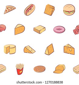 American food and Cheeses set. Background for printing, design, web. Usable as icons. Seamless. Colored.