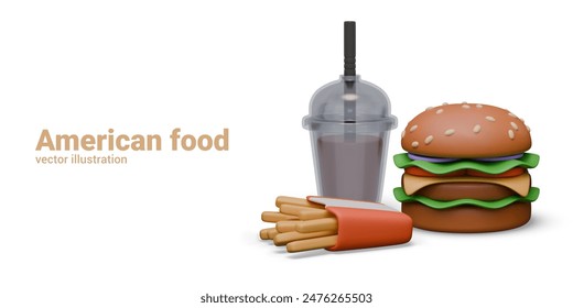 American food. Commercial menu concept. 3D burger, French fries, cup with drink and straw