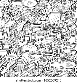 American food, Cutlery, Japanese food and Snacks pattern. Background for printing, design, web. Seamless. Monochrome binary, black and white.