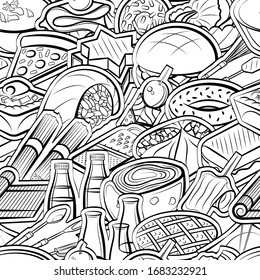 American food, Cutlery, Japanese food and Snacks pattern. Background for printing, design, web. Seamless. Monochrome binary, black and white.