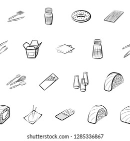 American food, Cutlery, Japanese food and Table setting set. Background for printing, design, web. Usable as icons. Seamless. Monochrome binary, black and white.