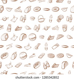 American food, Cutlery, Japanese food and Table setting set. Background for printing, design, web. Usable as icons. Seamless. Binary color.