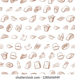 American food, Cutlery, Japanese food and Table setting set. Background for printing, design, web. Usable as icons. Seamless. Binary color.