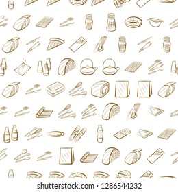 American food, Cutlery, Japanese food and Table setting set. Background for printing, design, web. Usable as icons. Seamless. Binary color.