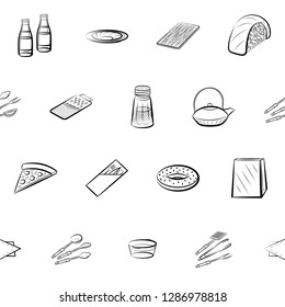 American food, Cutlery, Japanese food and Table setting set. Background for printing, design, web. Usable as icons. Seamless. Monochrome binary, black and white.