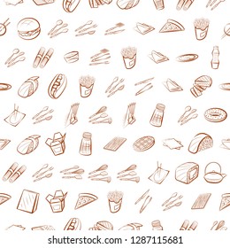 American food, Cutlery, Japanese food and Table setting set. Background for printing, design, web. Usable as icons. Seamless. Binary color.