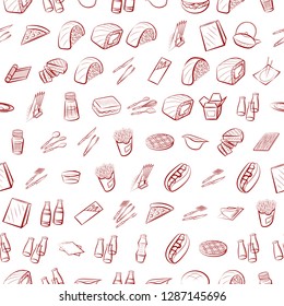 American food, Cutlery, Japanese food and Table setting set. Background for printing, design, web. Usable as icons. Seamless. Binary color.