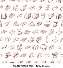 American food, Cutlery, Japanese food and Table setting set. Background for printing, design, web. Usable as icons. Seamless. Binary color.