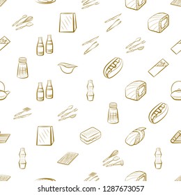 American food, Cutlery, Japanese food and Table setting set. Background for printing, design, web. Usable as icons. Seamless. Binary color.