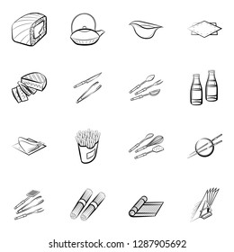 American food, Cutlery, Japanese food and Table setting set. Background for printing, design, web. Usable as icons. Monochrome binary, black and white.