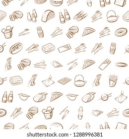 American food, Cutlery, Japanese food and Table setting set. Background for printing, design, web. Usable as icons. Seamless. Binary color.