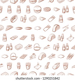 American food, Cutlery, Japanese food and Table setting set. Background for printing, design, web. Usable as icons. Seamless. Binary color.