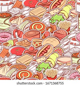 American food, Cutlery and Snacks pattern. Background for printing, design, web. Seamless. Colored.