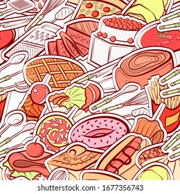 American food, Cutlery and Snacks pattern. Background for printing, design, web. Seamless. Colored.