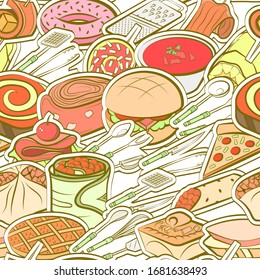 American food, Cutlery and Snacks pattern. Background for printing, design, web. Seamless. Colored.