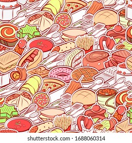 American food, Cutlery and Snacks pattern. Background for printing, design, web. Seamless. Colored.