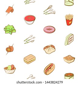 American food, Cutlery and Snacks set. Background for printing, design, web. Usable as icons. Seamless. Colored.
