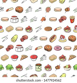 American food, Cutlery and Snacks set. Background for printing, design, web. Usable as icons. Seamless. Colored.