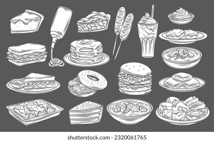 American food and drink glyph icons set vector illustration. White stamps of meal collection isolated on black, different sandwiches and hamburger, cake desserts and pancakes, soup of American cuisine