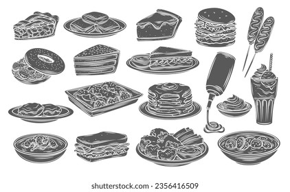 American food and drink glyph icons set vector illustration. Stamp of American meals on plates collection with apple cake and cheesecake dessert, soup and pancakes, sandwiches and burgers, corn dog