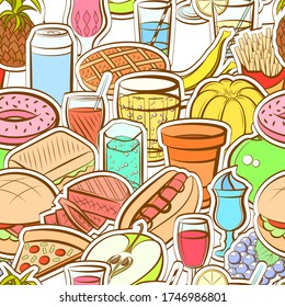 American food, Drinks and Fruits pattern. Background for printing, design, web. Seamless. Colored.