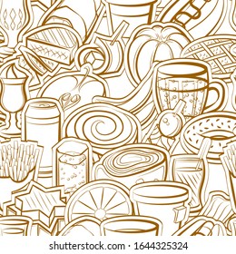 American food, Drinks, Fruits and Snacks pattern. Background for printing, design, web. Seamless. Binary color.