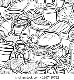 American food, Drinks, Fruits and Snacks pattern. Background for printing, design, web. Seamless. Monochrome binary, black and white.