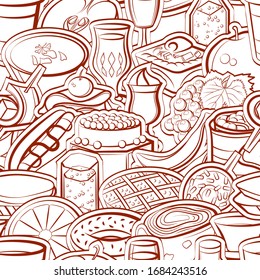 American food, Drinks, Fruits and Snacks pattern. Background for printing, design, web. Seamless. Binary color.