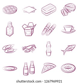 American food, Drinks, Japanese food, Seafood and Table setting set. Background for printing, design, web. Usable as icons. Color.
