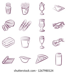American food, Drinks, Japanese food, Seafood and Table setting set. Background for printing, design, web. Usable as icons. Color.