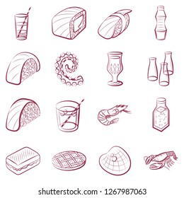 American food, Drinks, Japanese food, Seafood and Table setting set. Background for printing, design, web. Usable as icons. Color.