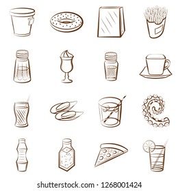 American food, Drinks, Japanese food, Seafood and Table setting set. Background for printing, design, web. Usable as icons. Color.