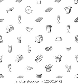 American food, Drinks, Japanese food, Seafood and Table setting set. Background for printing, design, web. Usable as icons. Seamless. Monochrome binary, black and white.