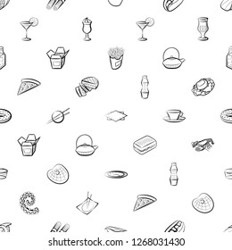 American food, Drinks, Japanese food, Seafood and Table setting set. Background for printing, design, web. Usable as icons. Seamless. Monochrome binary, black and white.