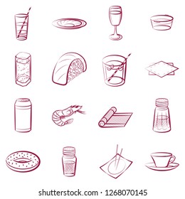 American food, Drinks, Japanese food, Seafood and Table setting set. Background for printing, design, web. Usable as icons.  Color.