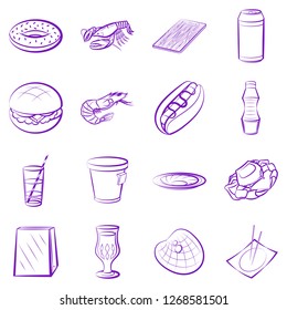 American food, Drinks, Japanese food, Seafood and Table setting set. Background for printing, design, web. Usable as icons. Seamless. Color.