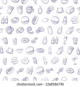 American food, Drinks, Japanese food, Seafood and Table setting set. Background for printing, design, web. Usable as icons. Seamless. Color.
