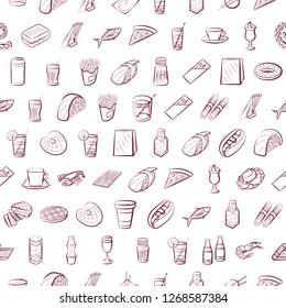American food, Drinks, Japanese food, Seafood and Table setting set. Background for printing, design, web. Usable as icons. Seamless. Color.